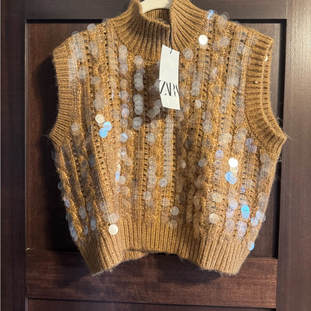Zara Tan Knit Vest with Sequins